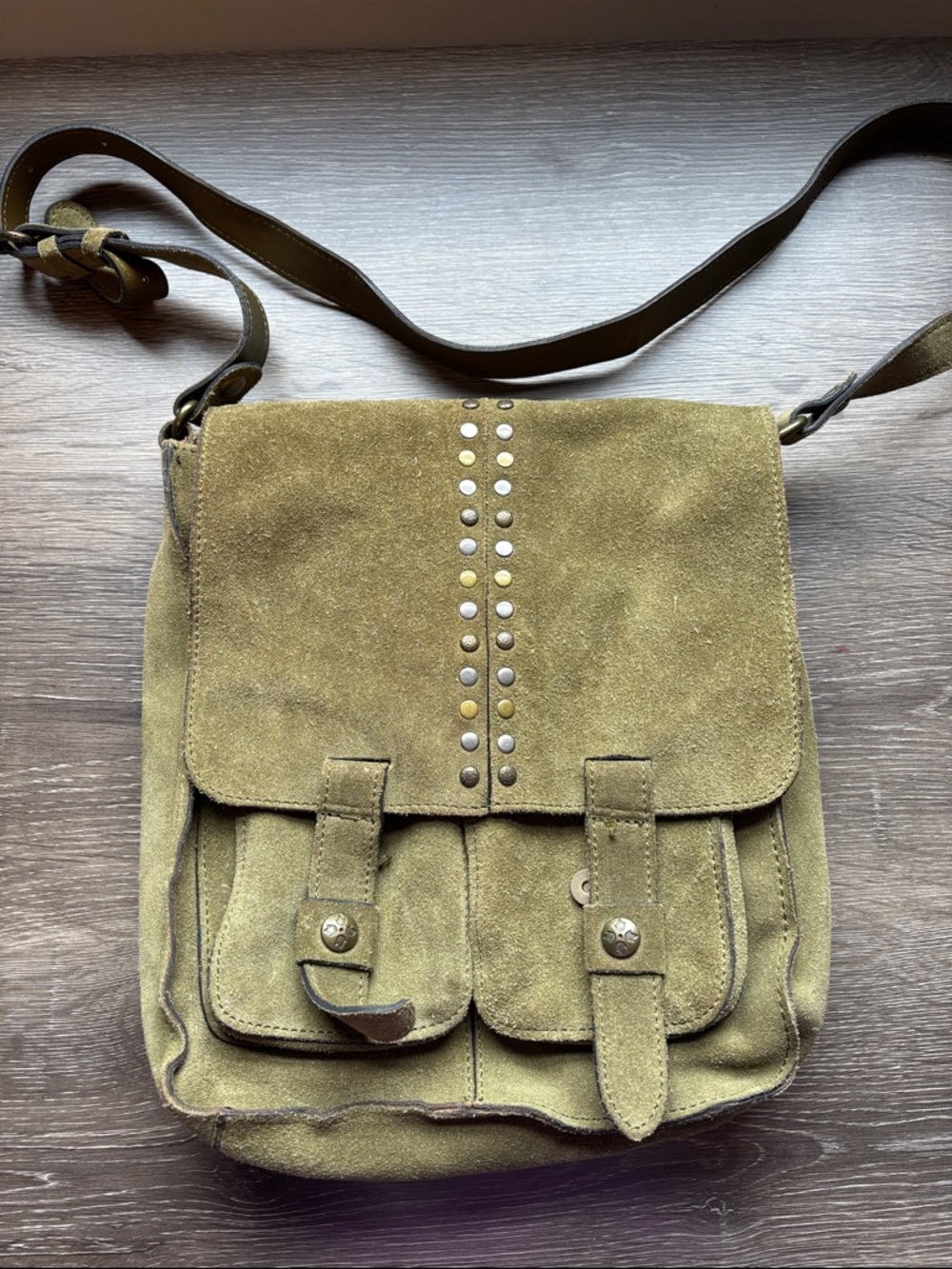 Patricia Nash Olive Green Suede Messenger Bag with Stud Accents